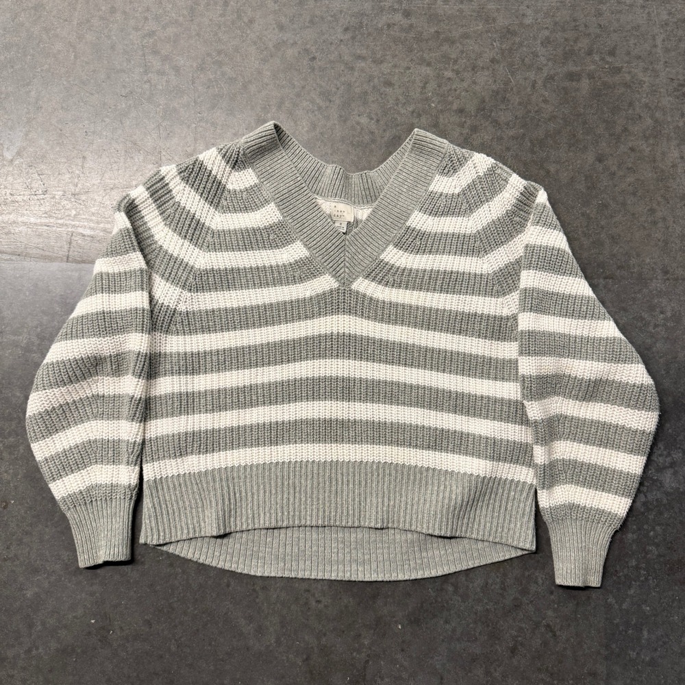 A New Day Grey White Striped V-Neck Raglan Sleeve Knit Sweater Small